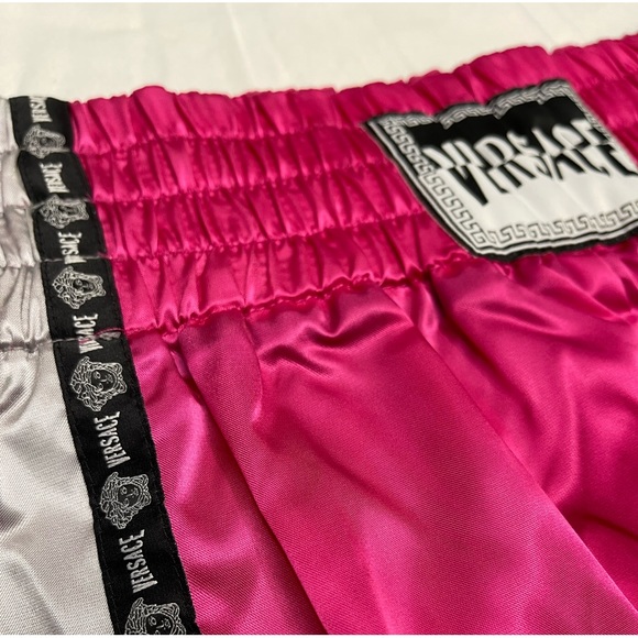VERSACE Pink and Silver Unisex Boxing Shorts NWT shiny leg slit cute rare Maitai - Picture 9 of 13